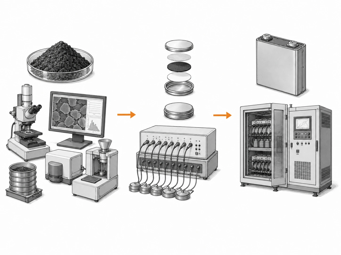 Text-free industrial stage-gate diagram for graphite anode qualification from powder to cell trials.
