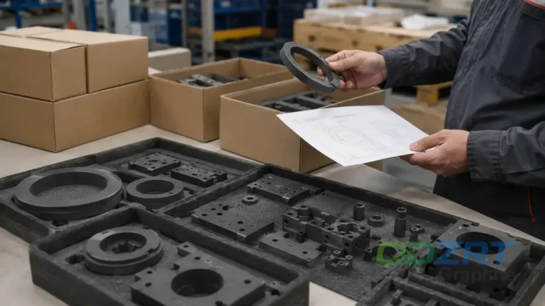 Industrial CNC machining center milling high-density graphite blocks.