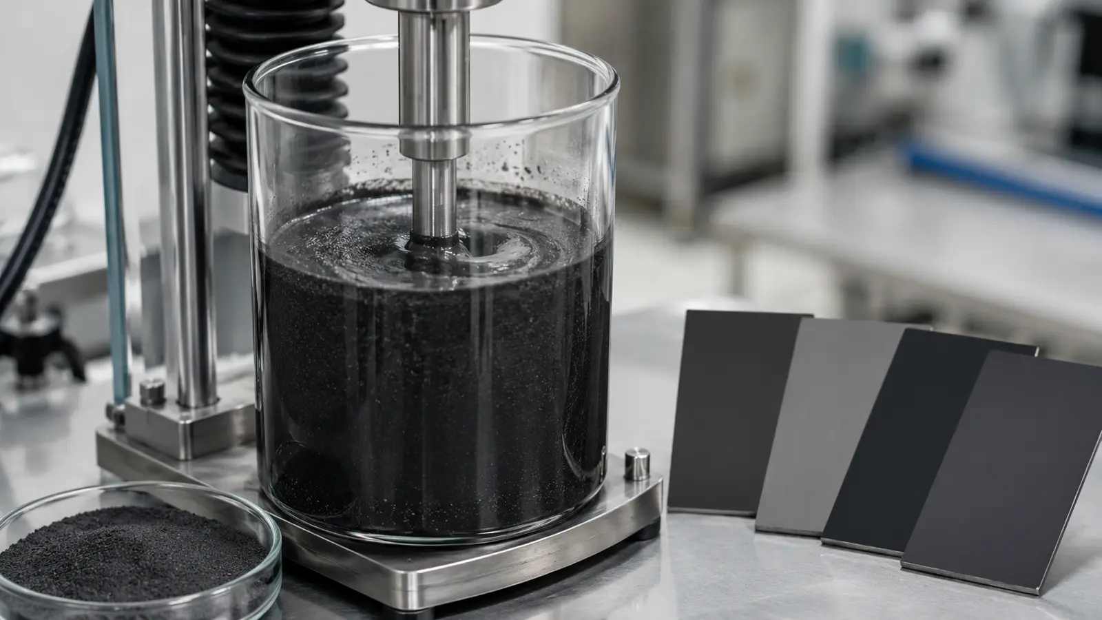 Industrial illustration showing graphite powder dispersion and coated test panels.