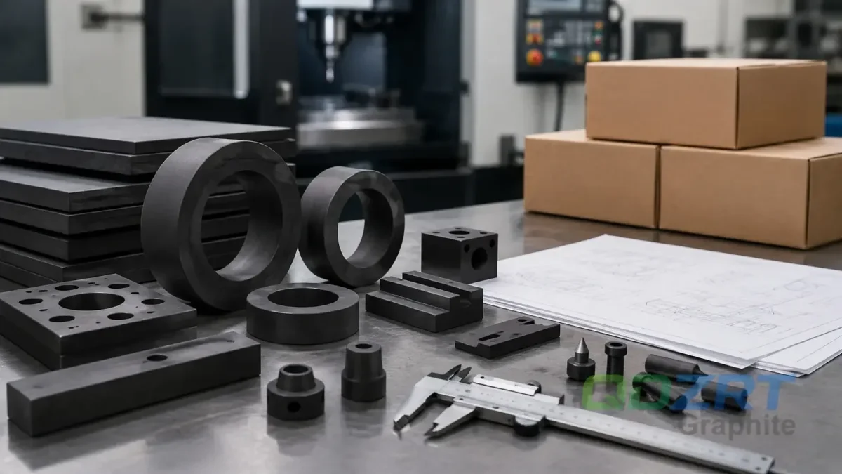 Custom machined graphite components with diverse geometric profiles and tight tolerances.