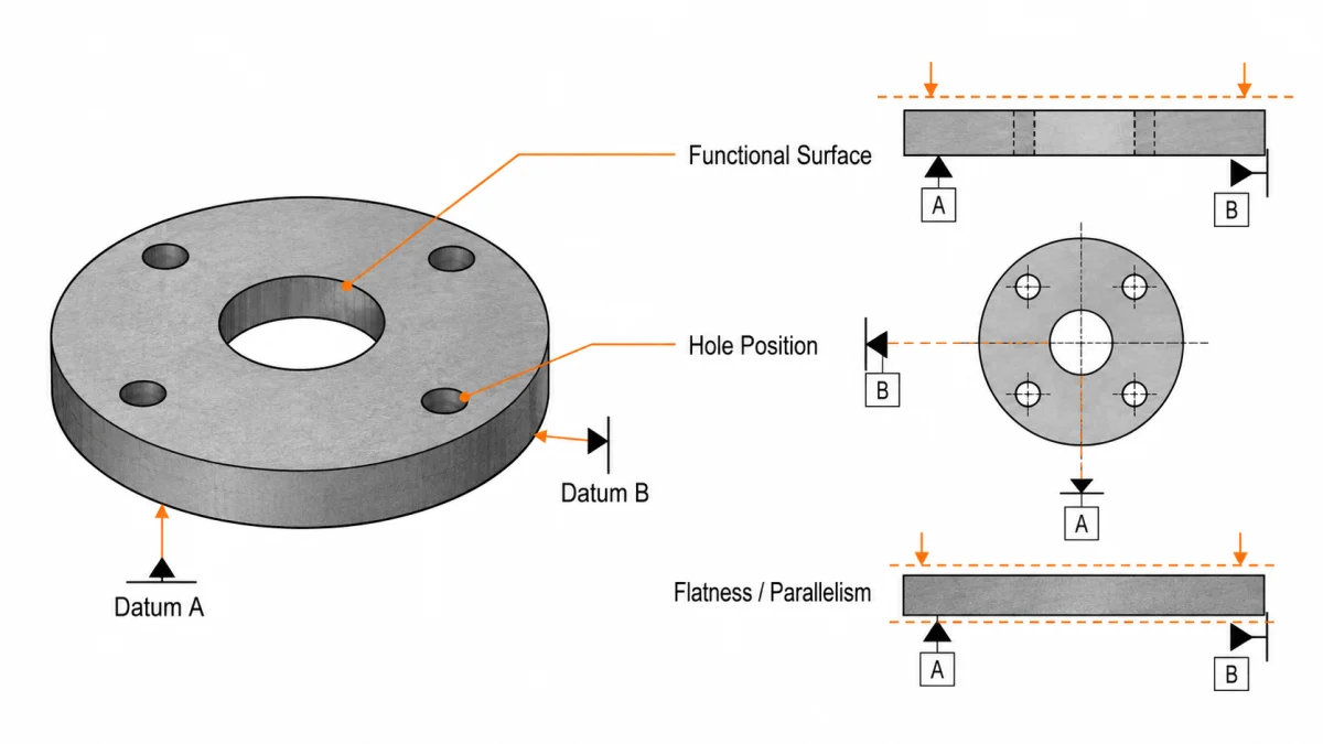 Datum alignment and feature tolerance evaluation diagram for machined graphite parts.