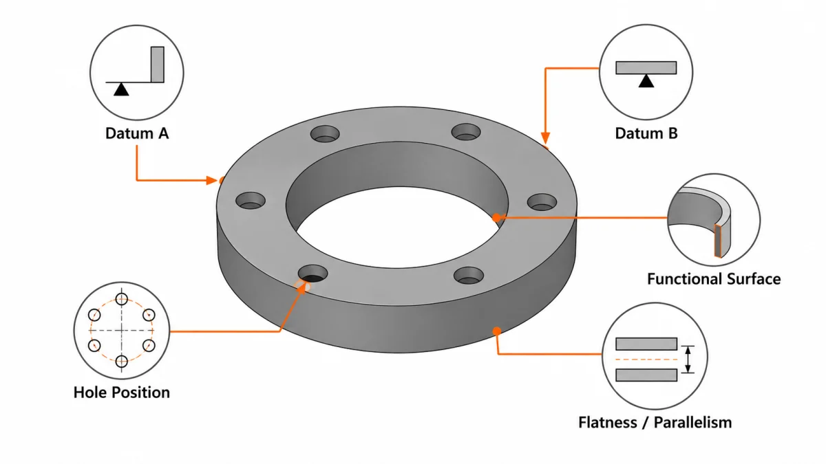 Datum reference and feature tolerance allocation diagram for graphite machining.