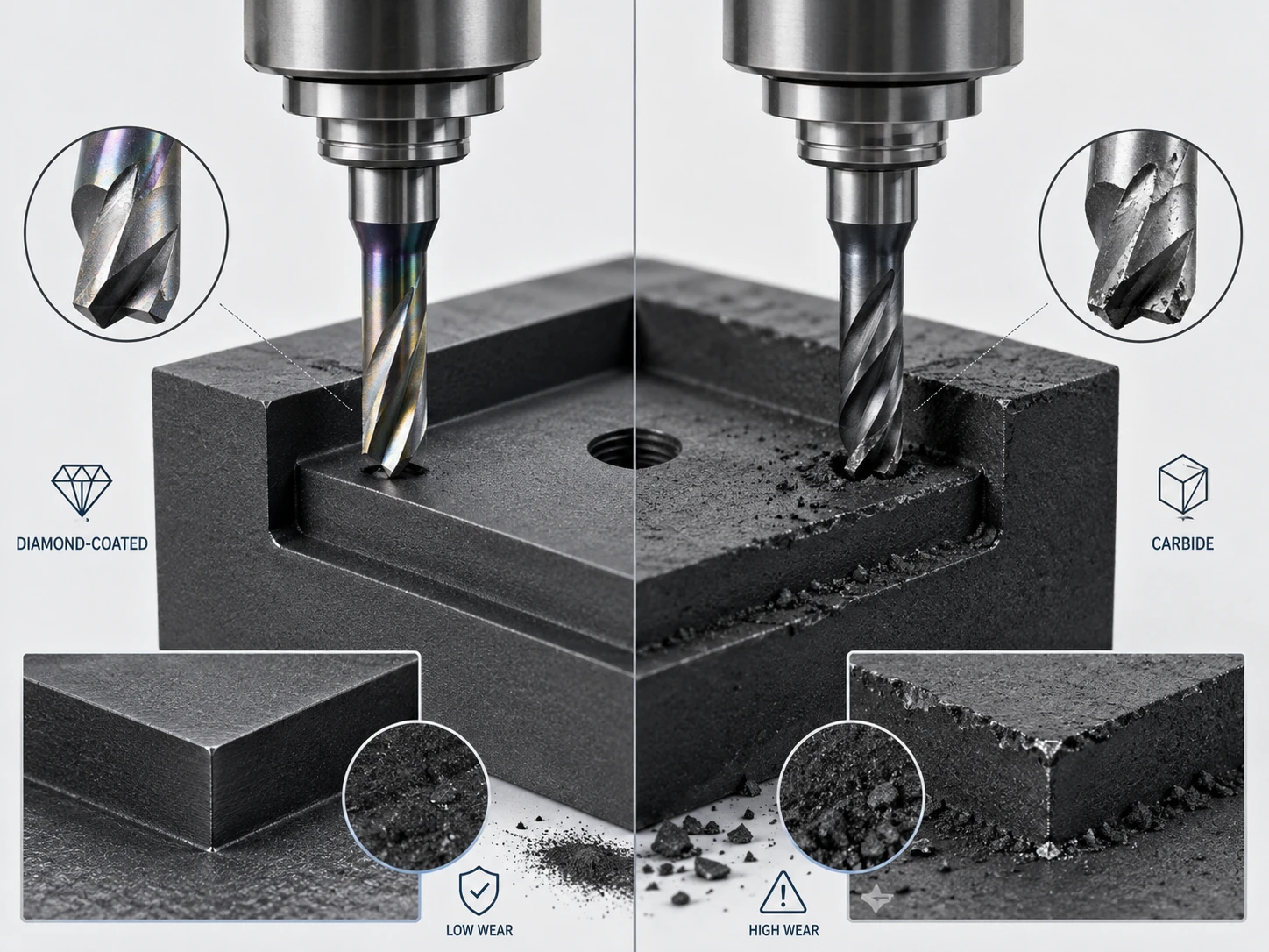 Text-free industrial diagram comparing diamond-coated and carbide tool wear in graphite machining.