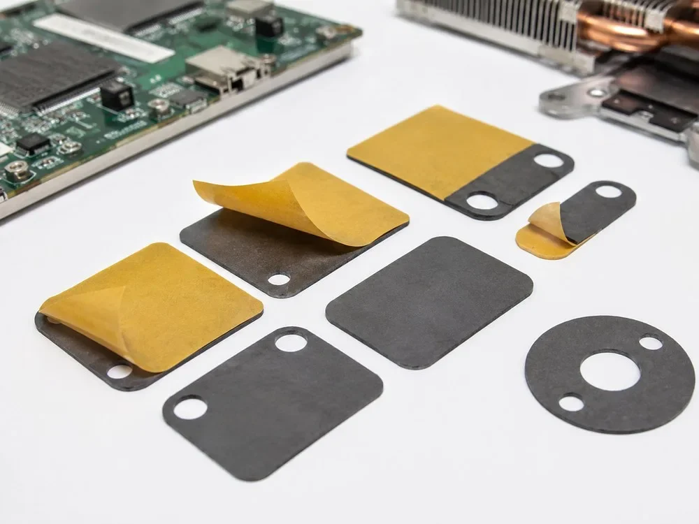 Die-cut graphite thermal pads with release liners are prepared for electronic assembly.