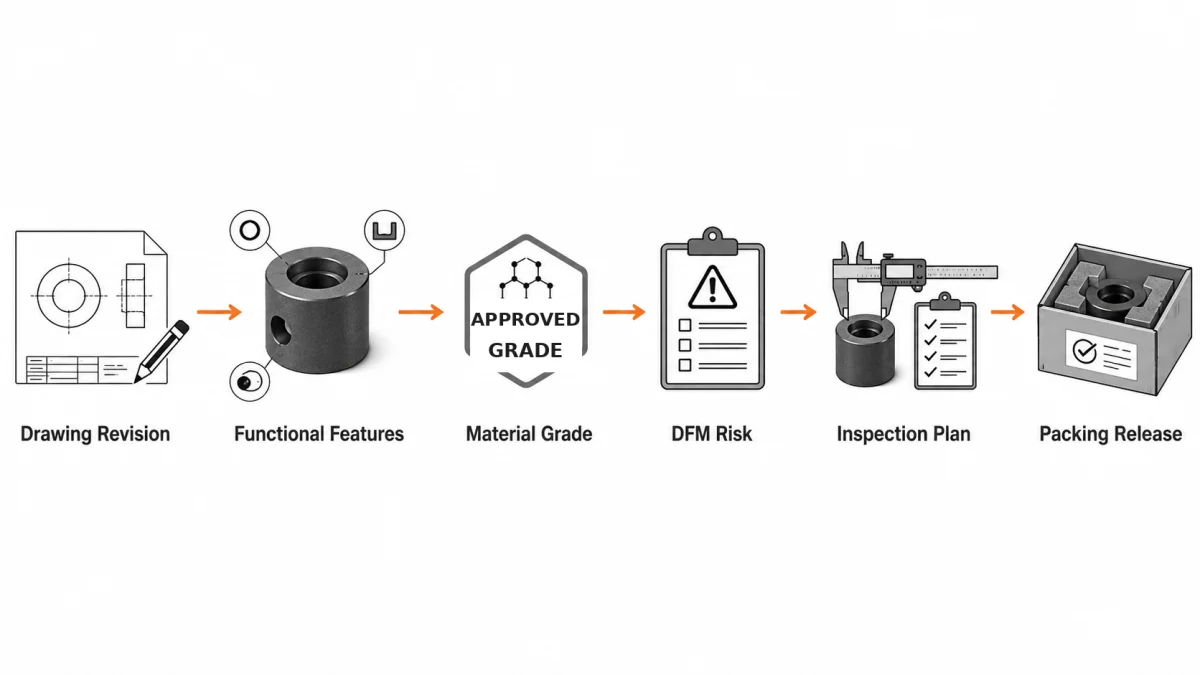 Quality control flow from drawing verification to protective packaging for custom graphite parts.