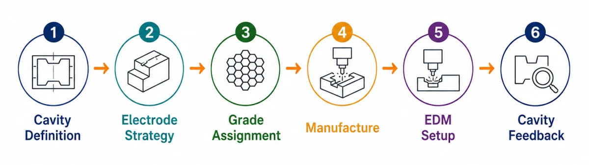 The loop connects cavity requirements, electrode planning, grade selection, electrode manufacture, EDM setup and measured cavity feedback.