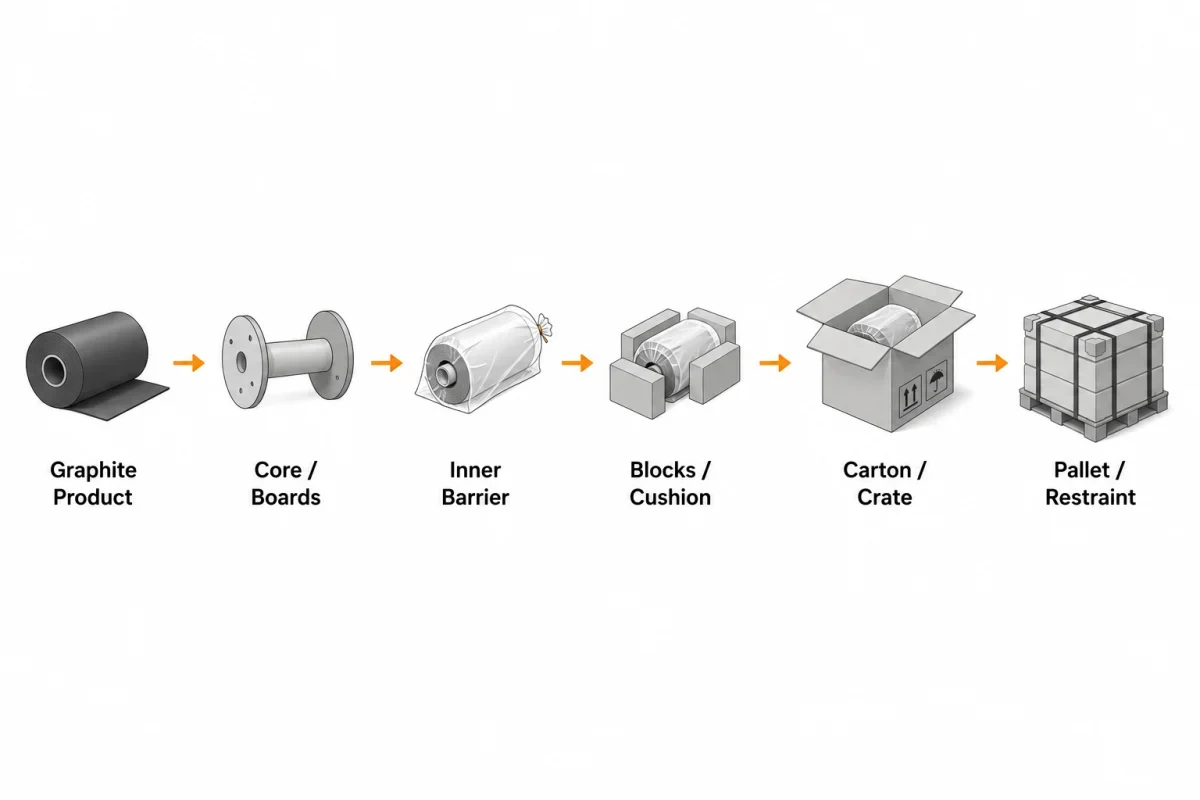 Graphite product, core or boards, inner barrier, blocks or cushion, carton or crate, and pallet restraint form one protection system