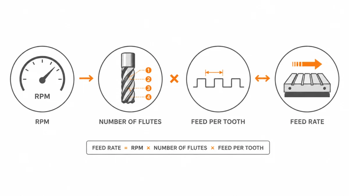 Feed rate and spindle speed calculation diagram for CNC graphite machining.