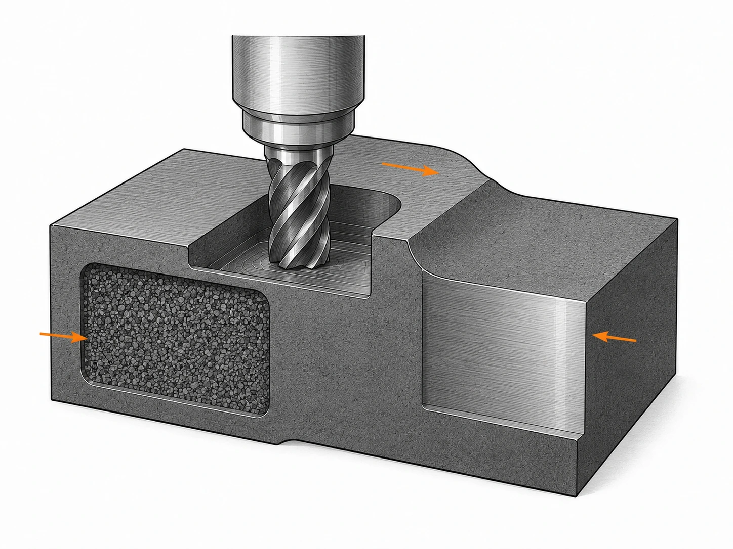 Text-free industrial diagram of fine-grain graphite machining and edge integrity.