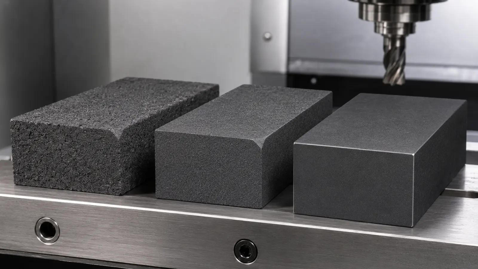 Graphite blocks comparing grain texture and machined edge quality.