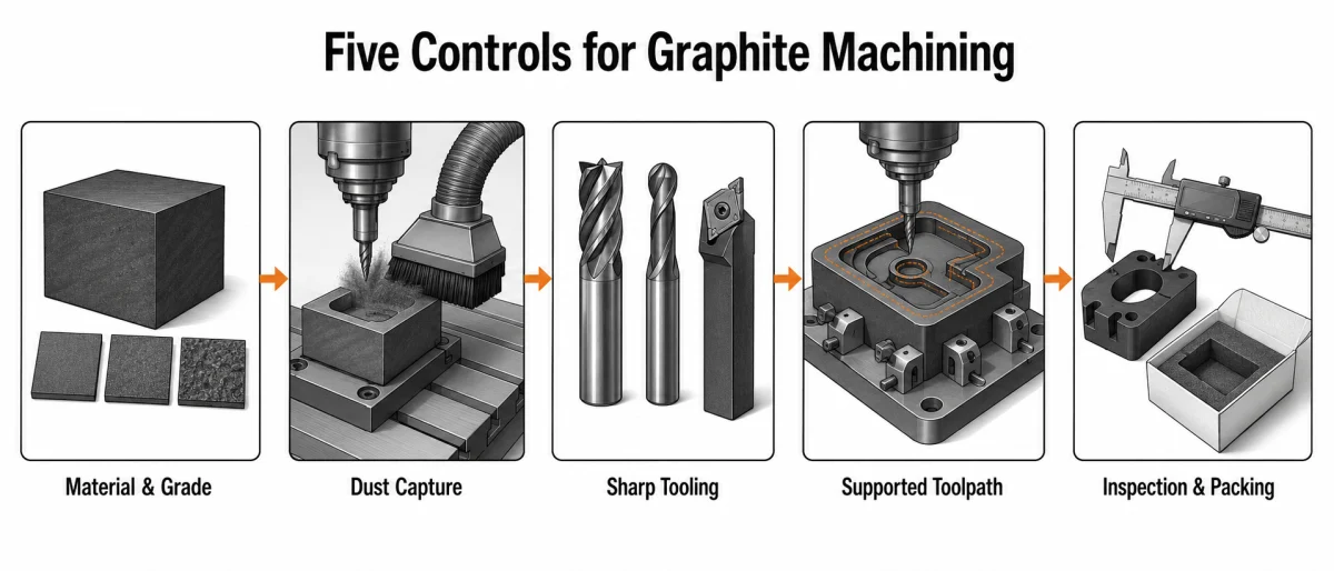 Five key control points in precision graphite machining: grade, tooling, fixturing, feeds, and dust control.