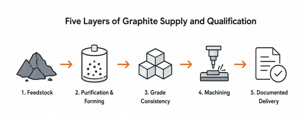 Graphite supply qualification links feedstock, purification and forming, grade consistency, machining, and documented delivery.