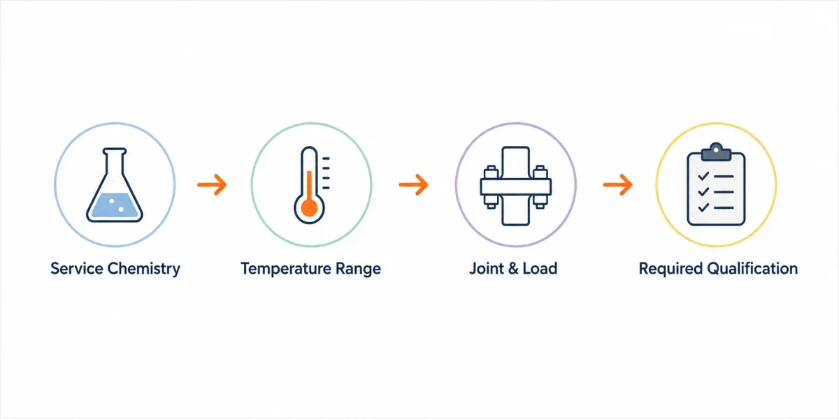 Choose between graphite and PTFE by checking service chemistry, temperature range, joint load and the required qualification.