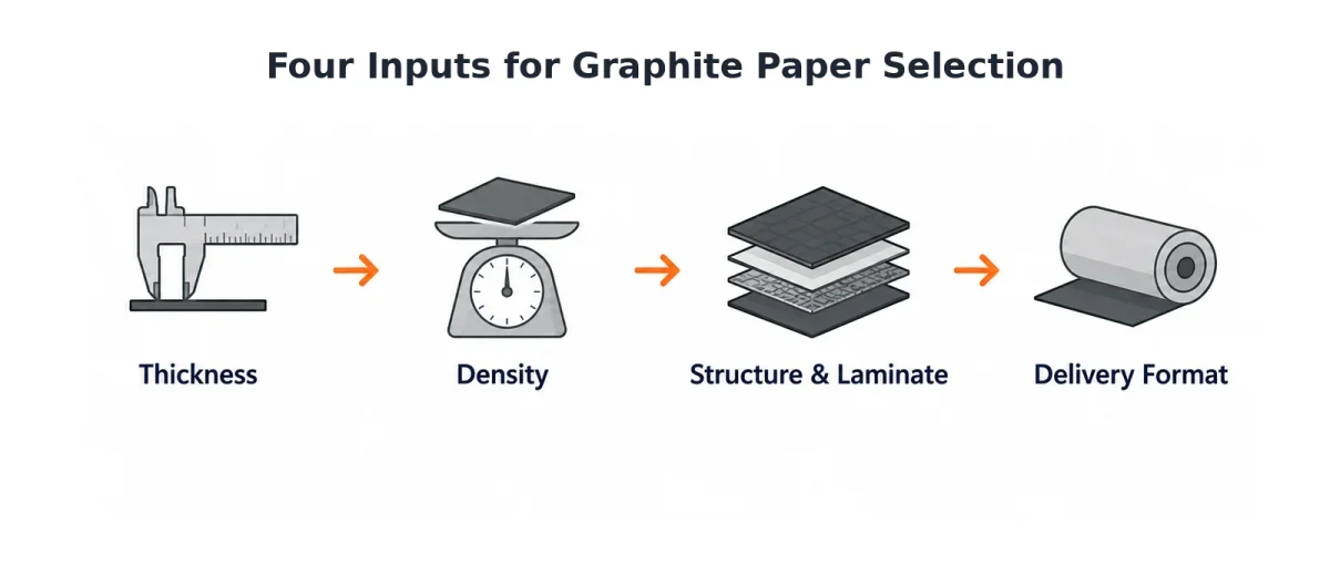 kertas grafit selection begins with thickness and density, then confirms the complete structure and required delivery format.