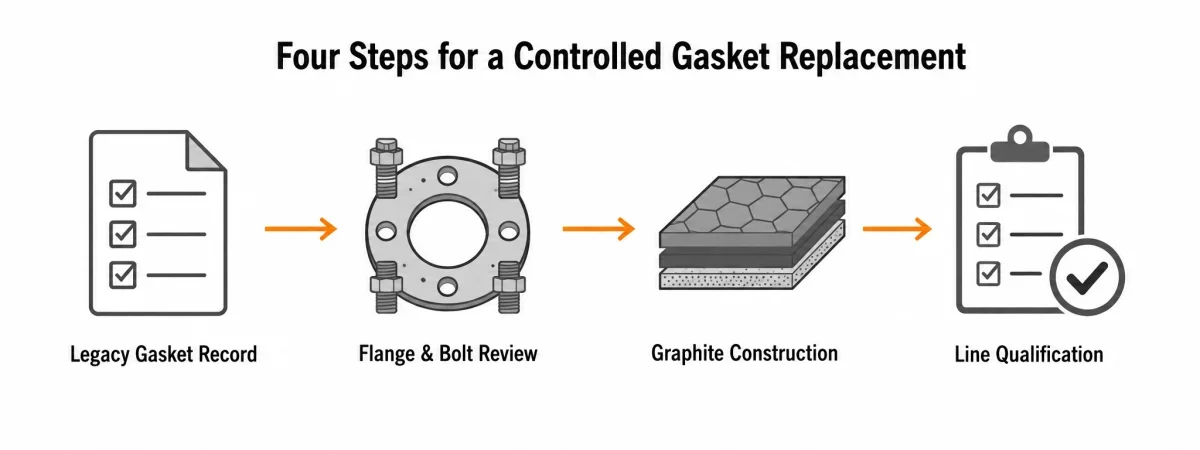 A controlled gasket replacement begins with the legacy record, then checks the flange and bolts, selects the graphite construction and qualifies one represen…
