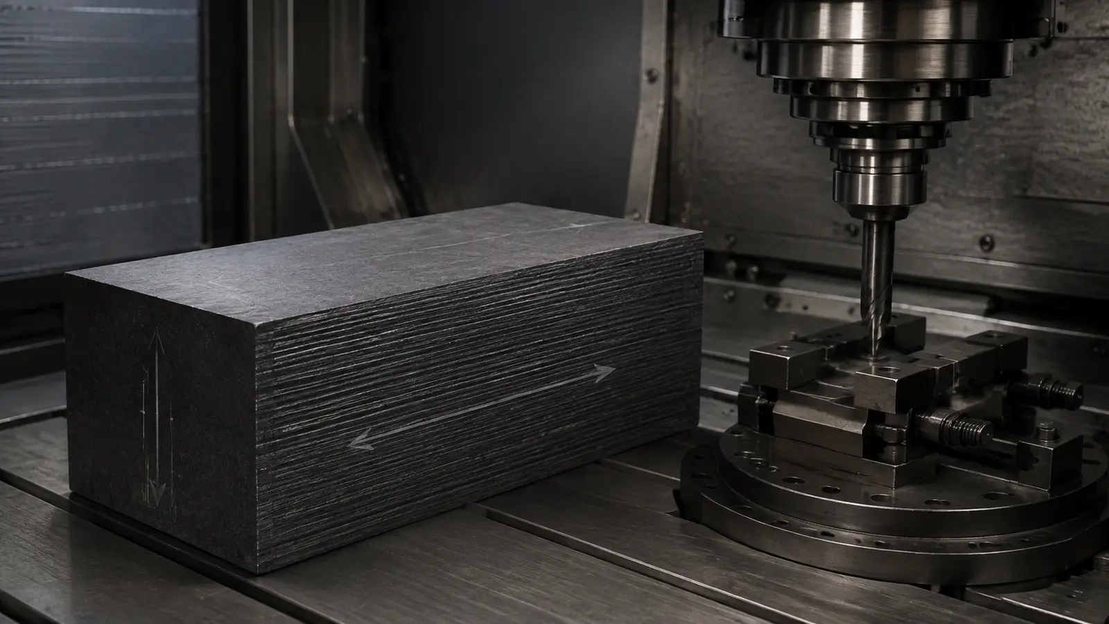 Formed graphite block showing directional structure and machining orientation.