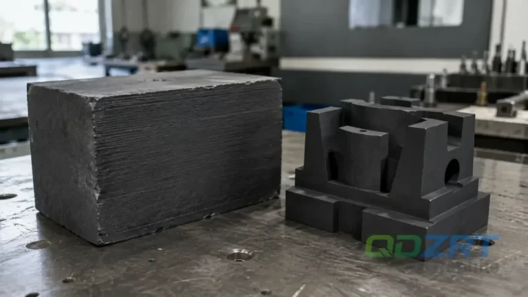 Comparison of raw isostatic graphite block and CNC-machined precision EDM electrode.