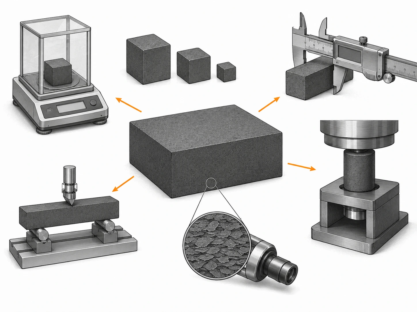 Text-free industrial diagram for comparing graphite block datasheet properties on a consistent basis.