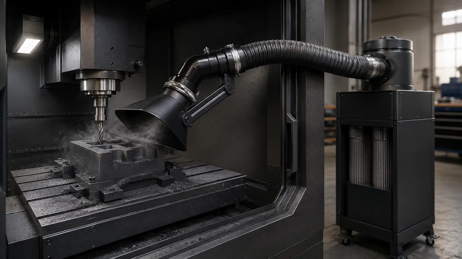 Source-capture extraction system controlling graphite dust at a CNC cutting zone.