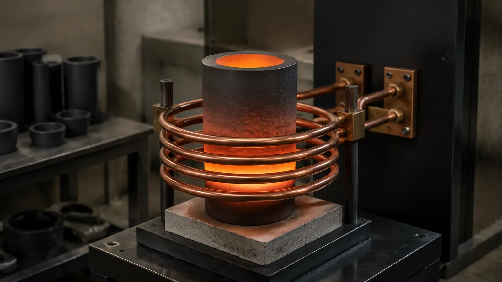 Graphite susceptor centered inside an induction-heating coil.
