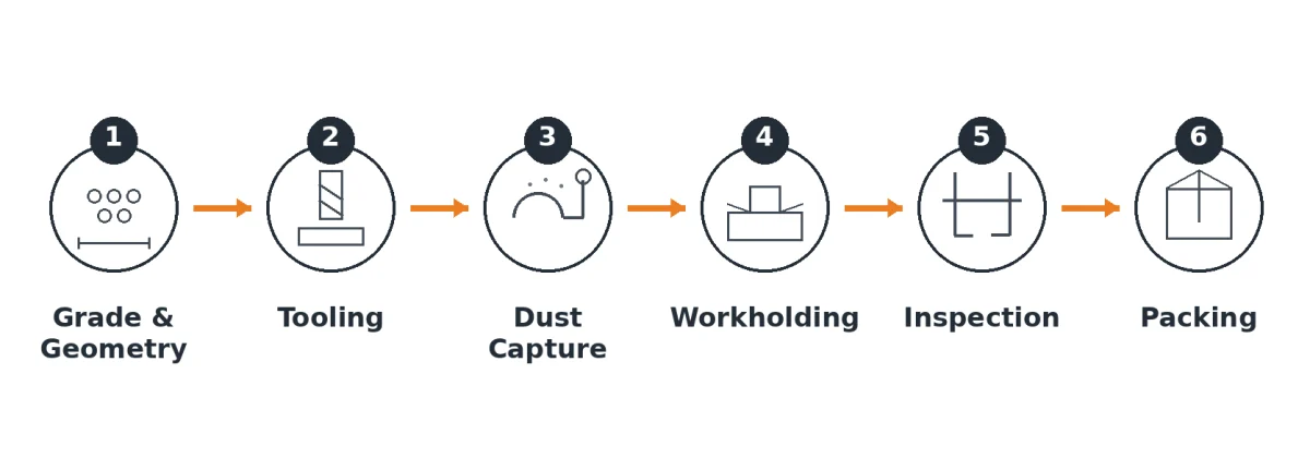 A preproduction risk register connects grade and geometry, tooling, dust capture, workholding, inspection, and packing.