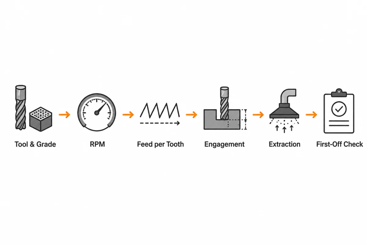 Machining parameter optimization flow for cutting speed, tool geometry, and dust extraction.