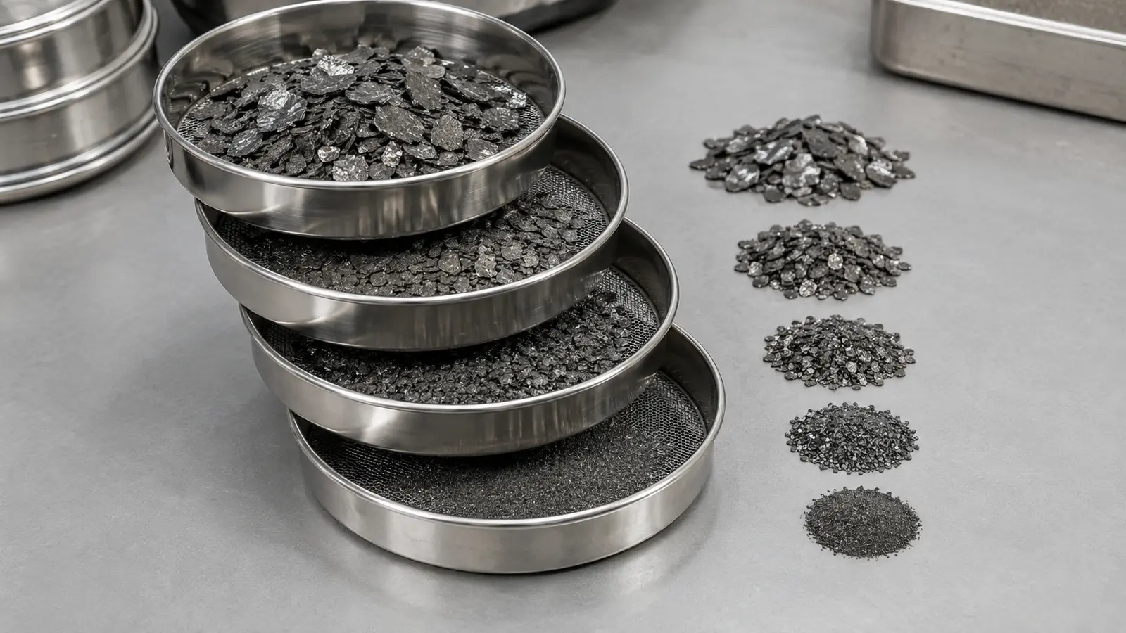 Industrial illustration showing natural graphite flakes separated by stainless-steel laboratory sieves.