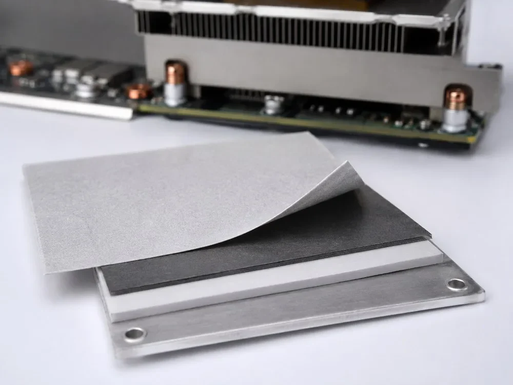 Graphite paper forms a heat-spreading layer between the heat source and the cooling assembly.