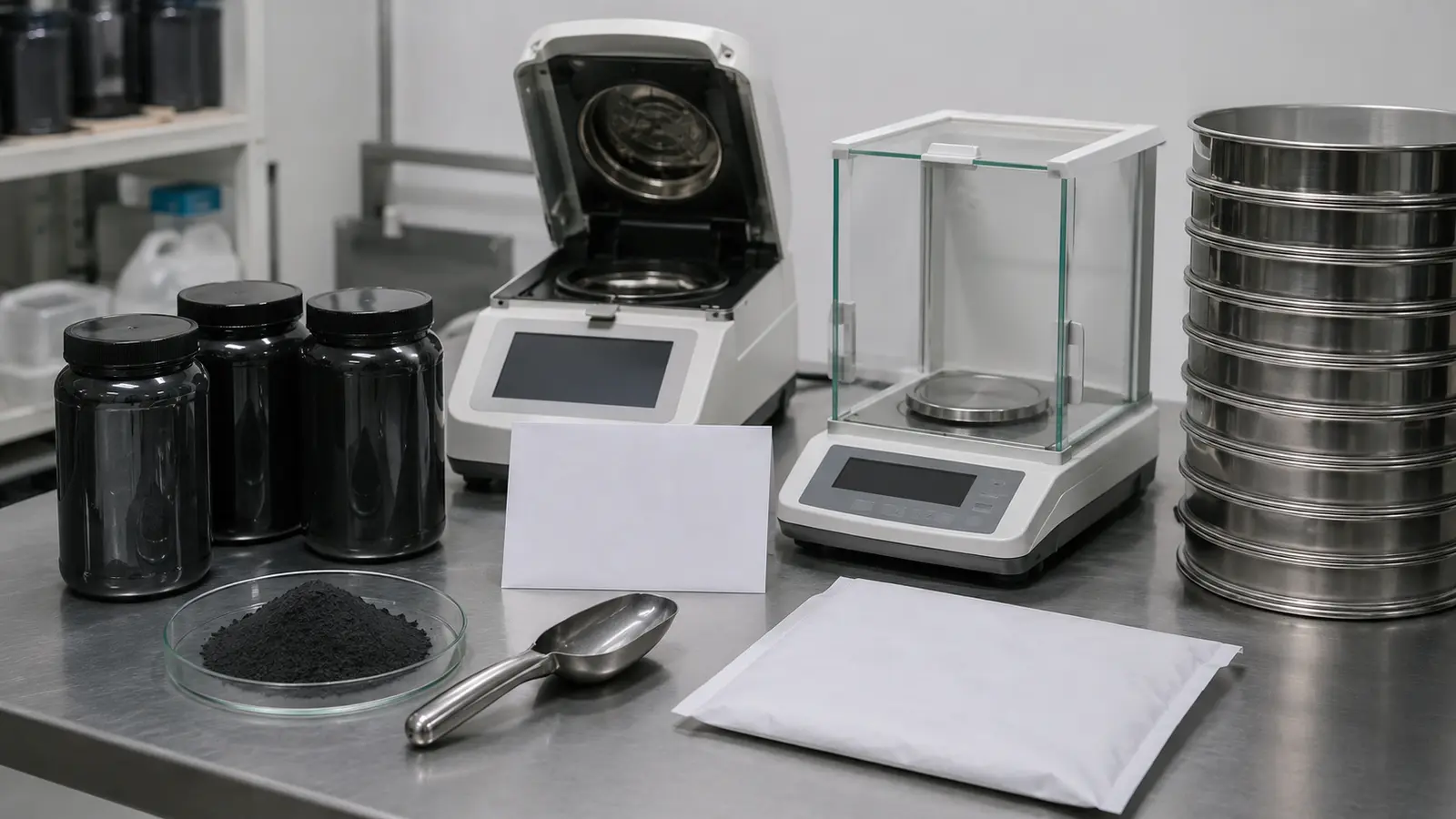 Industrial illustration showing sealed graphite samples with moisture, weighing and sieving equipment.