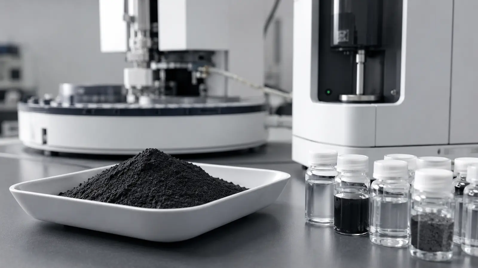 Industrial illustration showing graphite powder samples with analytical laboratory instruments.
