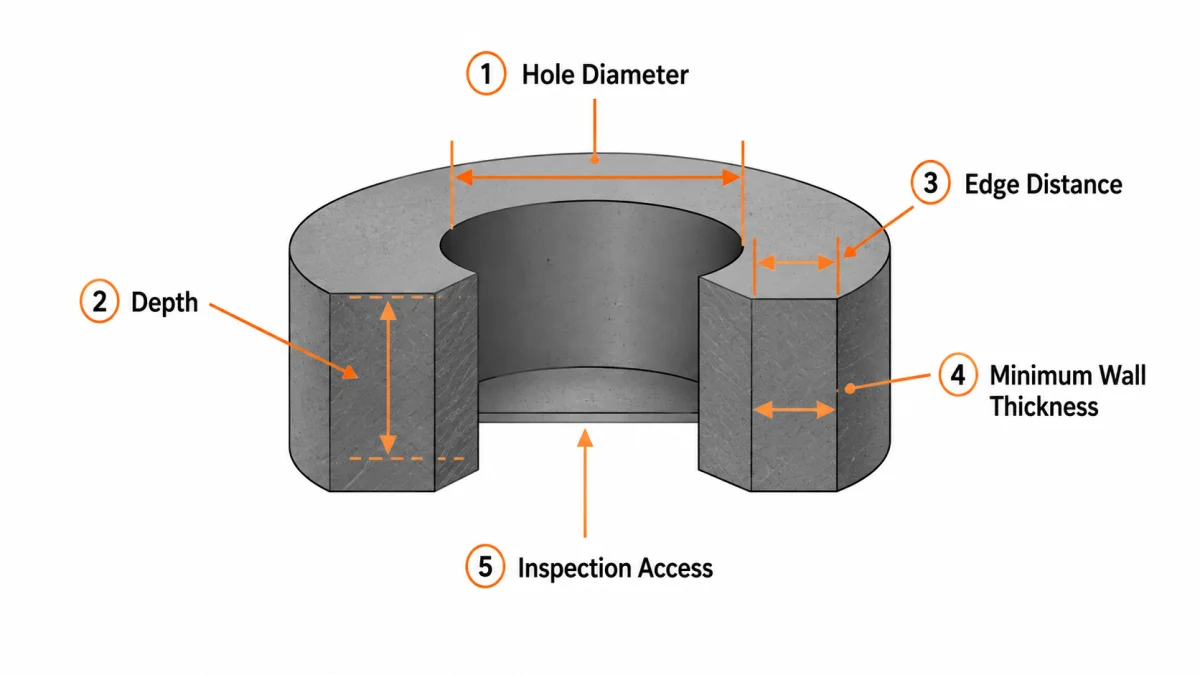Inspection access map for verifying internal hole diameters and wall thicknesses in graphite parts.