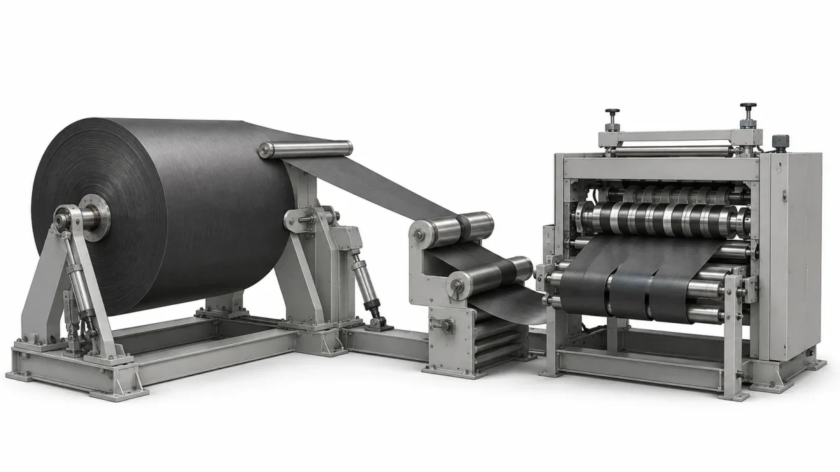 The master roll is unwound as a controlled web before slitting into narrower graphite strips for later conversion steps