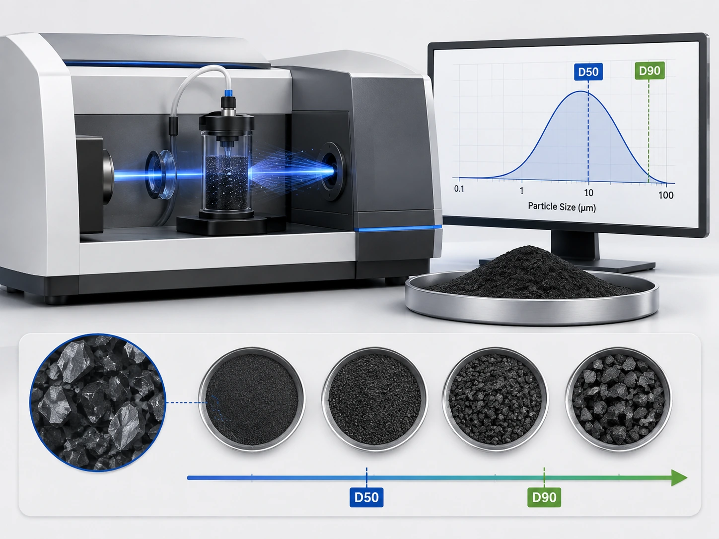Technical illustration showing micronized graphite powder particle-size analysis with D50, D90, particle-size distribution, and measurement equipment.
