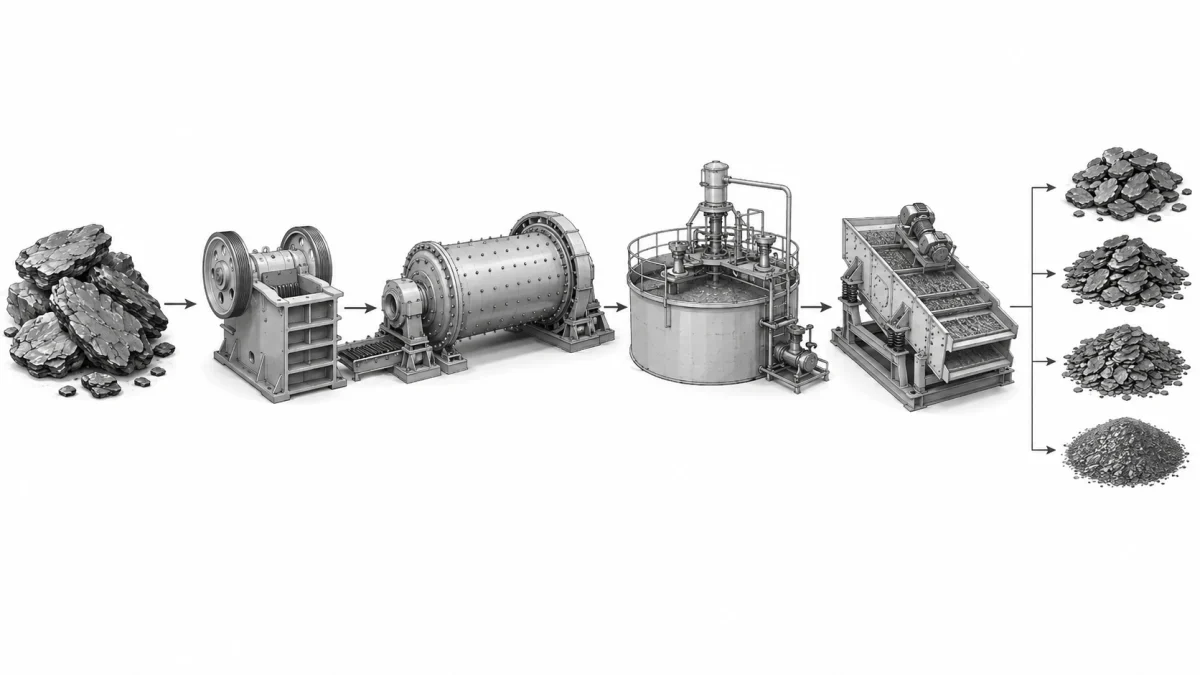 Real industrial equipment sequence for graphite size reduction, flotation and screening.
