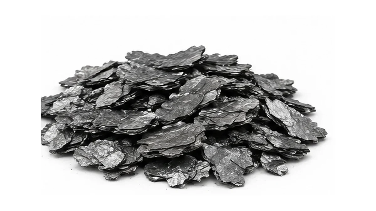 Natural flake graphite showing realistic layered flake morphology before size classification.