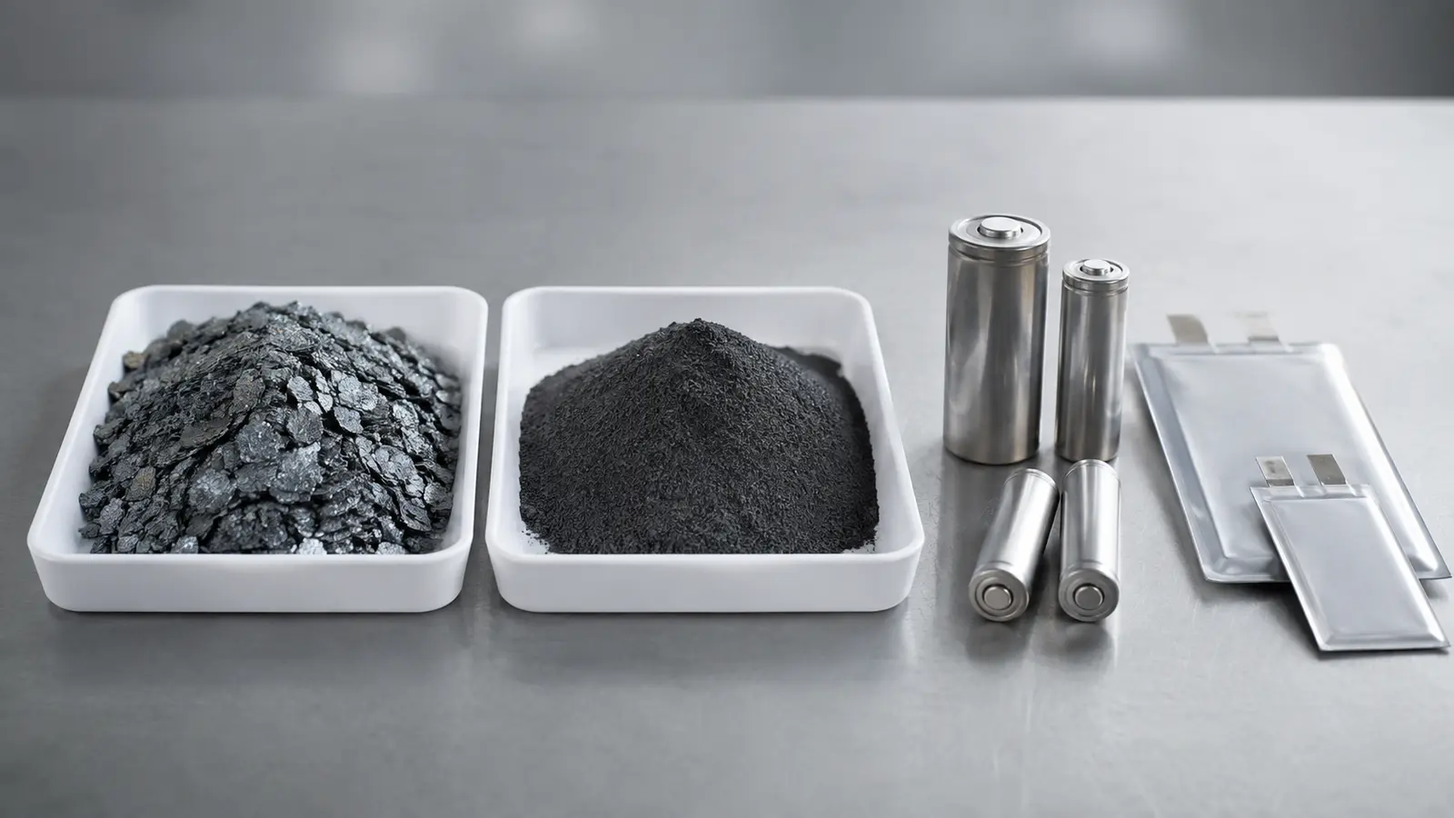 Technical illustration comparing natural and synthetic graphite anode materials.
