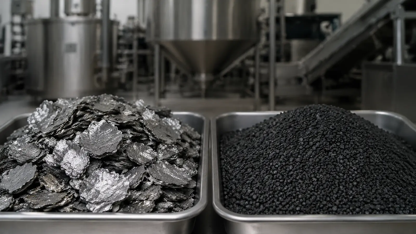 Technical illustration comparing shiny natural graphite flakes with uniform synthetic graphite granules.