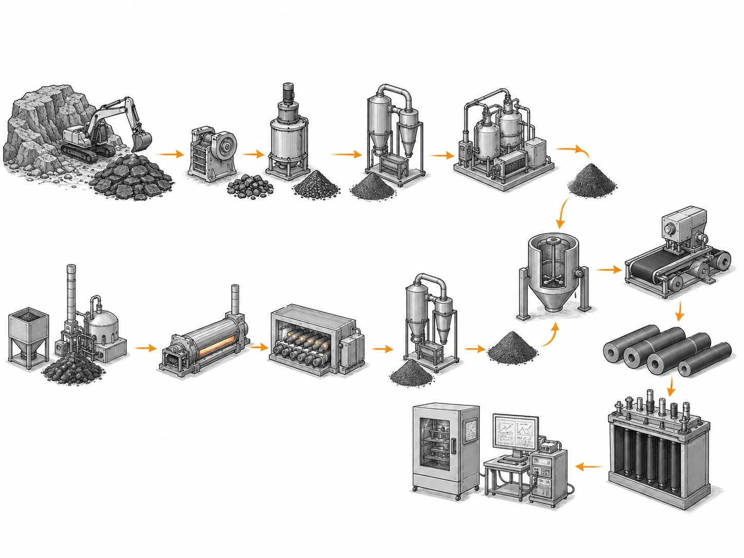 Text-free industrial diagram comparing natural and synthetic graphite anode qualification routes.