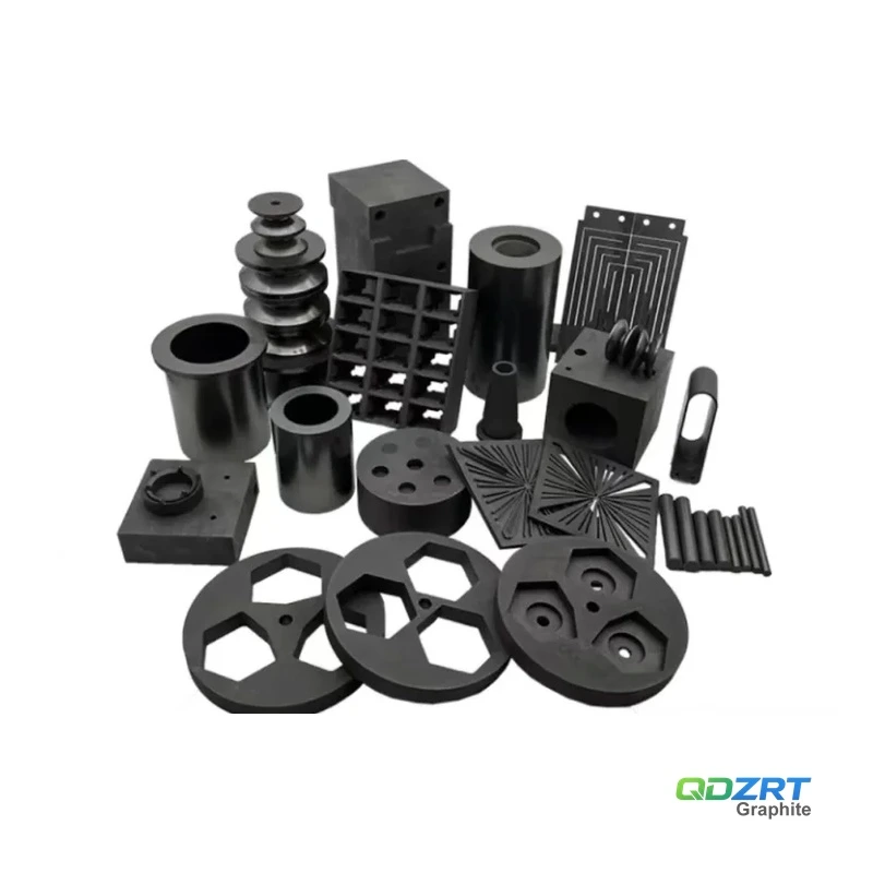 Comprehensive assortment of custom precision machined graphite components including hexagonal discs, crucibles, slotted plates, and bushings
