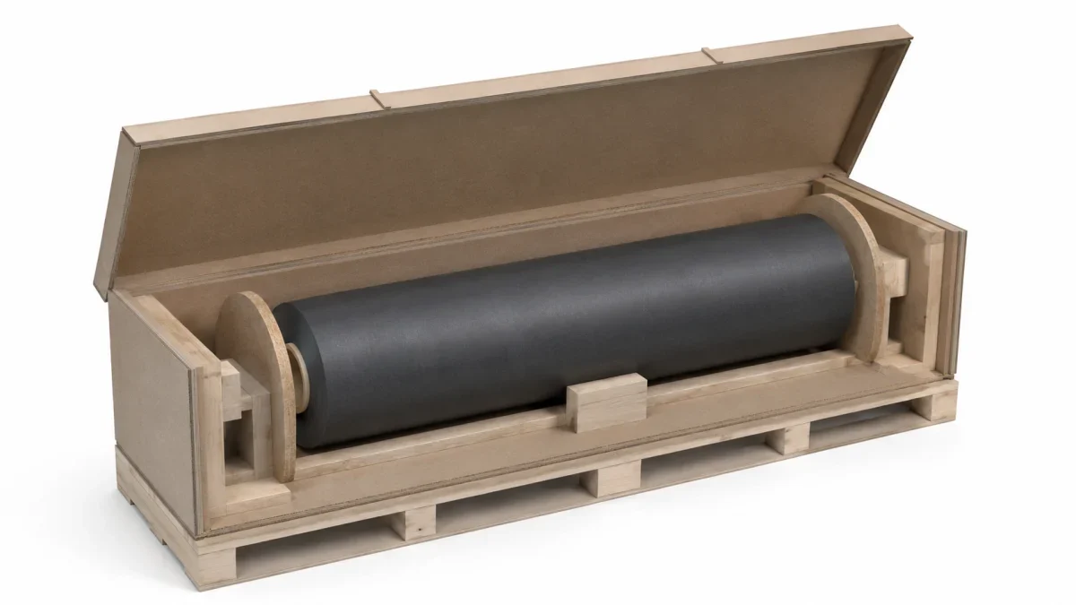 The roll is restrained by end and side supports so transport loads are kept away from vulnerable graphite edges