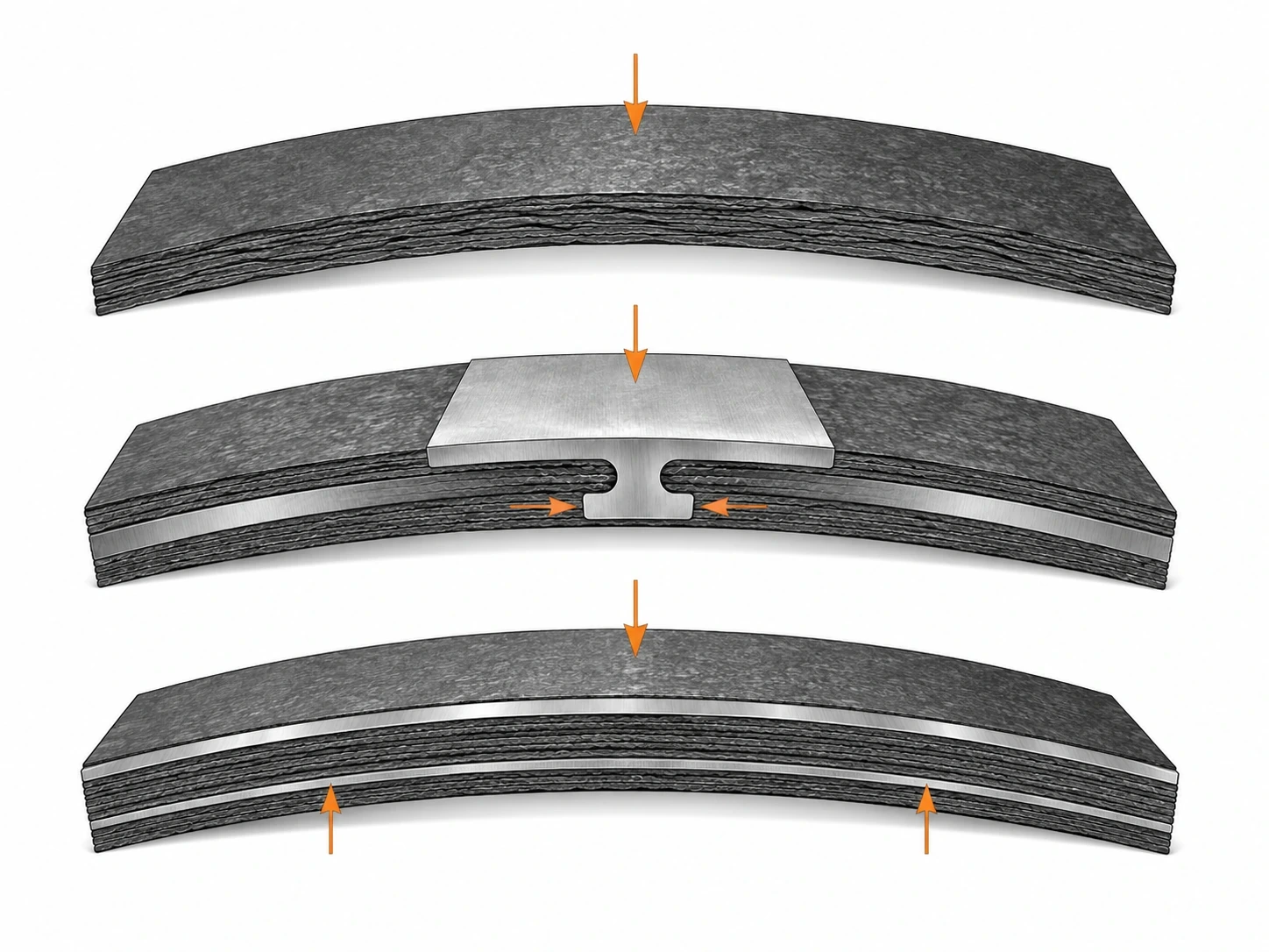 Text-free industrial diagram comparing reinforced graphite sheet constructions.