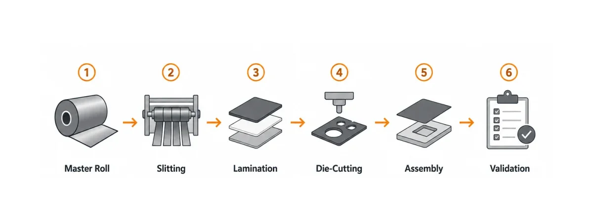 Master roll, slitting, lamination, die-cutting, assembly and validation form one controlled conversion chain