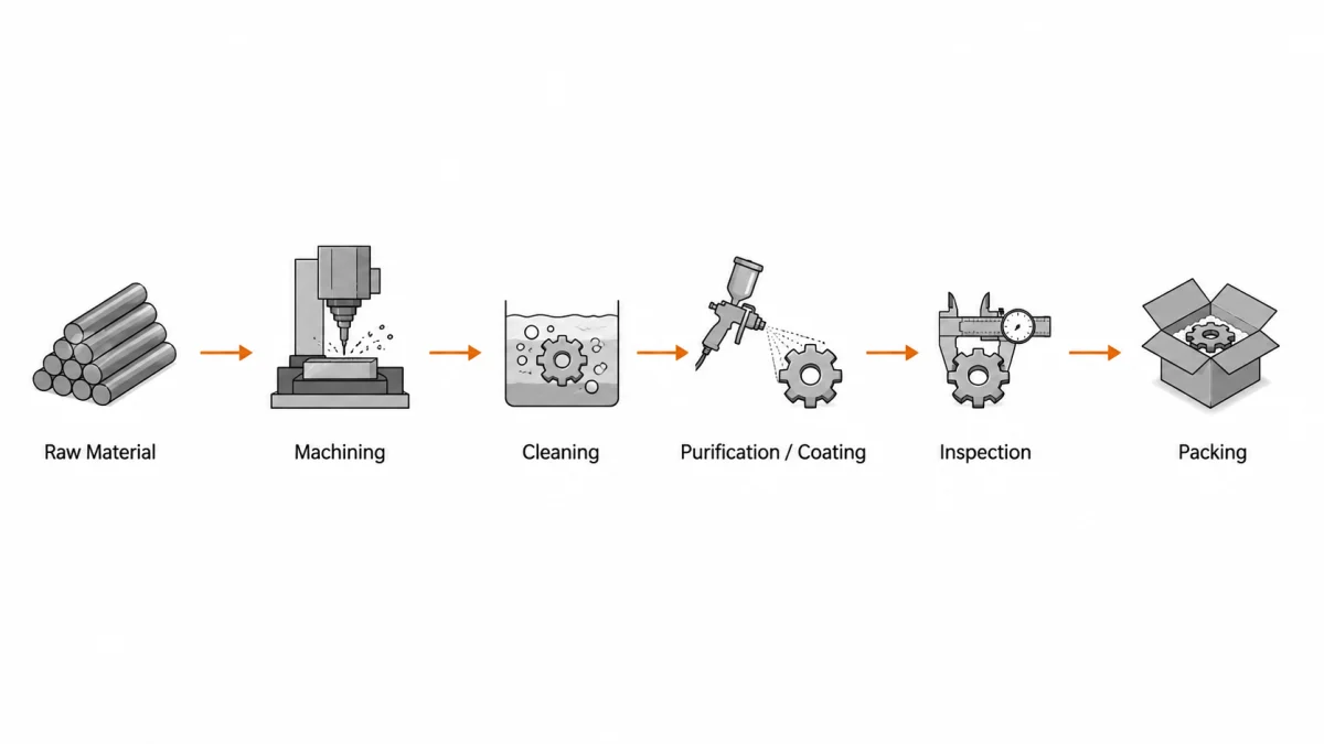 The control chain separates raw-material purity, machining, cleaning, any specified purification or coating step, inspection, and packing.