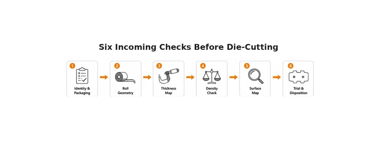 Incoming inspection links identity and packaging, roll geometry, thickness, density, surface condition, and trial disposition.