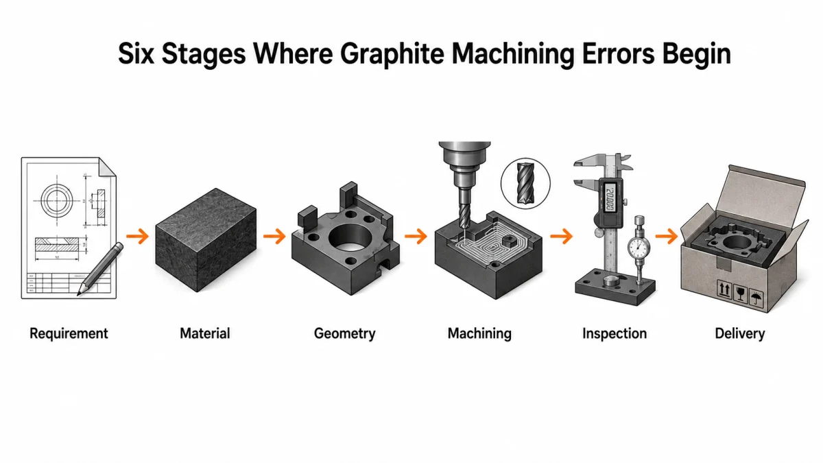Trace a graphite defect backward through requirement, material, geometry, machining, inspection, and delivery.