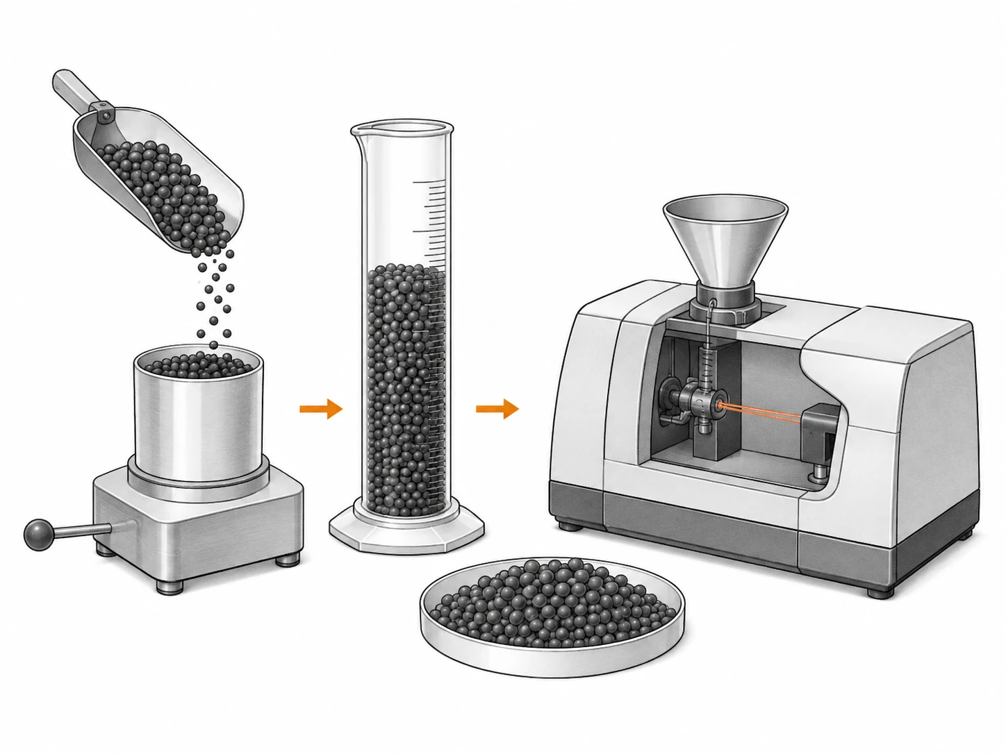 Text-free industrial diagram of spherical graphite particle shape and packing behavior.
