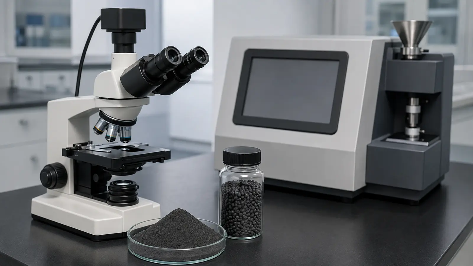 Technical illustration for spherical graphite particle morphology and particle-size analysis.