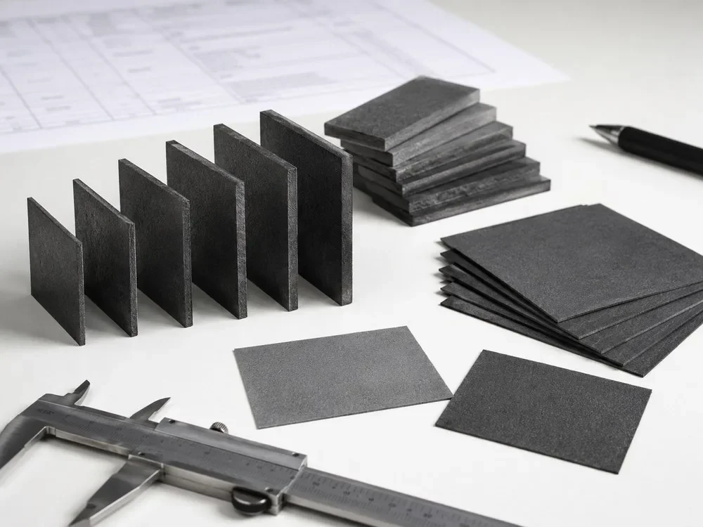 Graphite paper samples of different thicknesses and densities are compared during material selection.