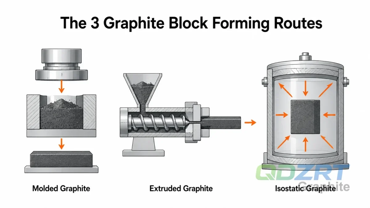 Molded, extruded and isostatic pressing create different graphite block structures and directional properties.