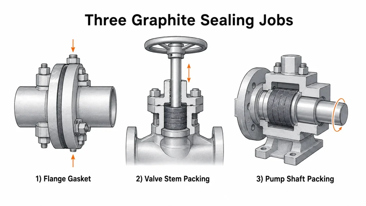Flange gaskets, valve stem packing and pump shaft packing may use related graphite materials, but their load path and sealing duty are different.